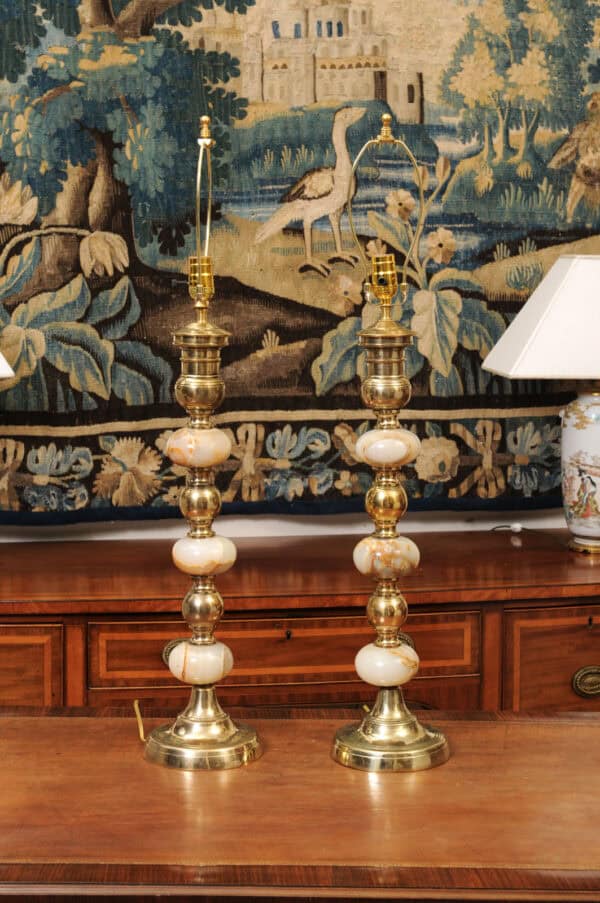Pair of Tall Onyx and Brass Bobbin Lamps - Image 7