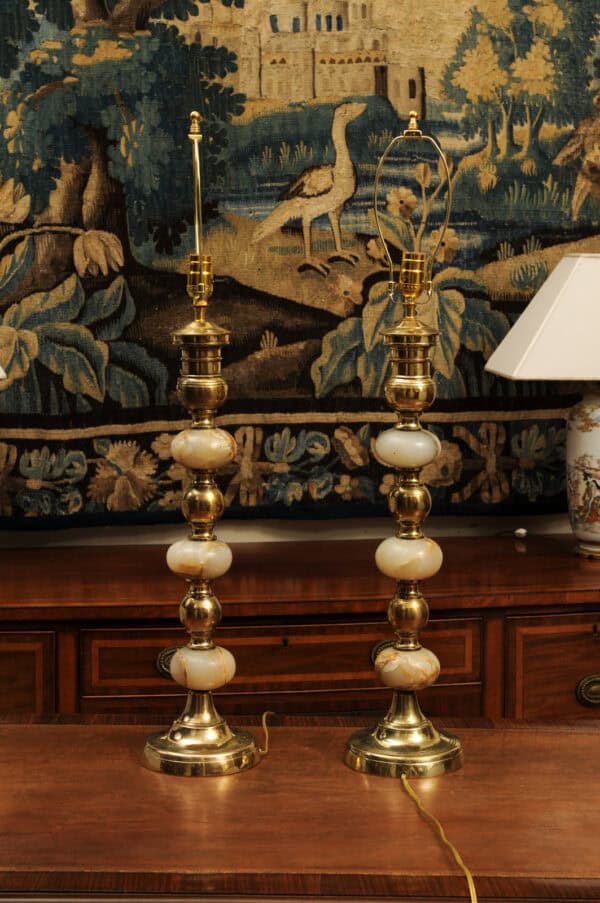 Pair of Tall Onyx and Brass Bobbin Lamps - Image 9