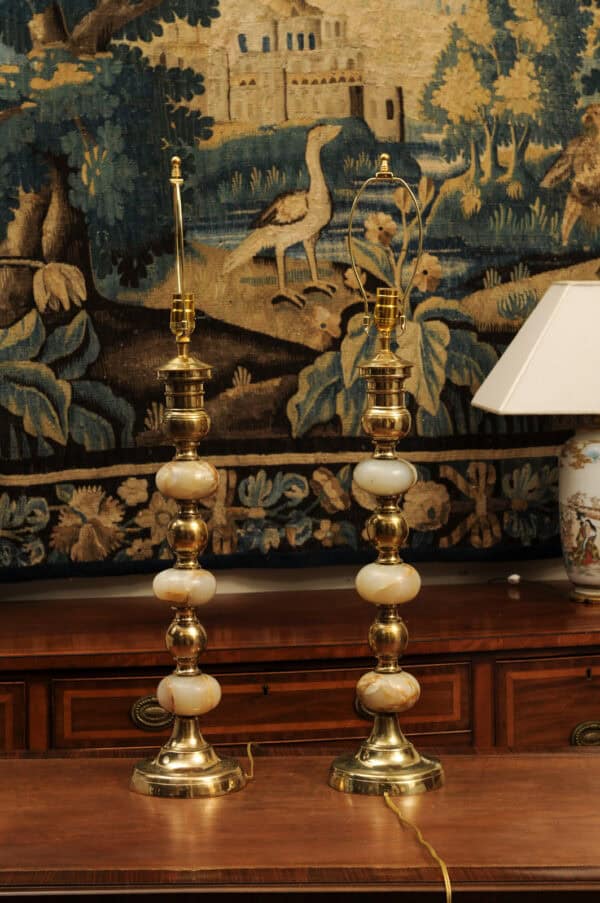 Pair of Tall Onyx and Brass Bobbin Lamps - Image 11