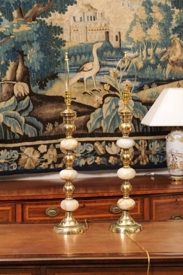 Pair of Tall Onyx and Brass Bobbin Lamps - Image 12