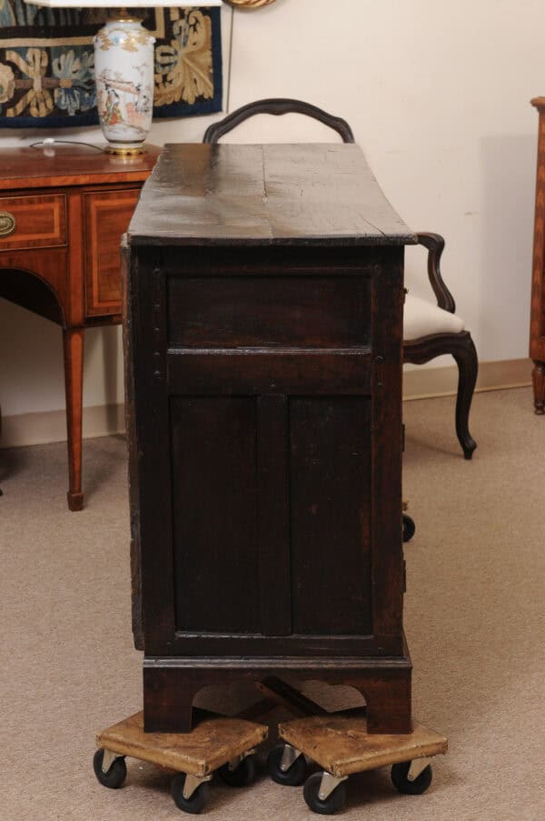 English 18th Century Oak Dresser Base Featuring 3 Drawers and 2 Flanking Cabints Below with Raised Paneled Doors and Brass Knobs - Image 7