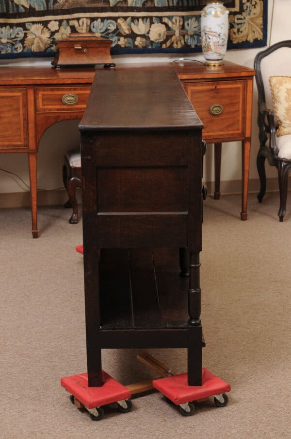 English Early 19th Century Oak Dresser Base / Server Featuring 5 Drawers with Wooden Knobs, Arched Frieze and Pot Board Below - Image 7