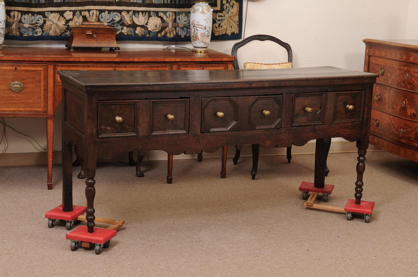 English 18th Century Oak Jacobean Style Dresser Base with Server with 3 Drawers, Shaped Apron and Turned Legs - Image 3