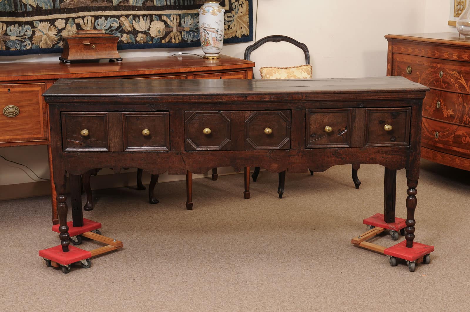 English 18th Century Oak Jacobean Style Dresser Base with Server with 3 Drawers, Shaped Apron and Turned Legs - Image 15