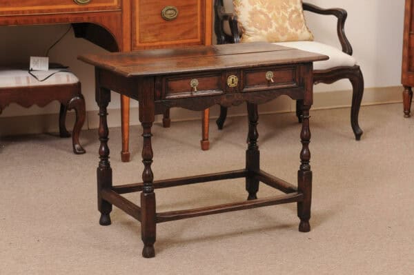 18th Century English Oak Side Table with Drawer, Tear Drop Pulls, Turned Legs and Box Stretcher - Image 3