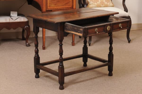 18th Century English Oak Side Table with Drawer, Tear Drop Pulls, Turned Legs and Box Stretcher - Image 4
