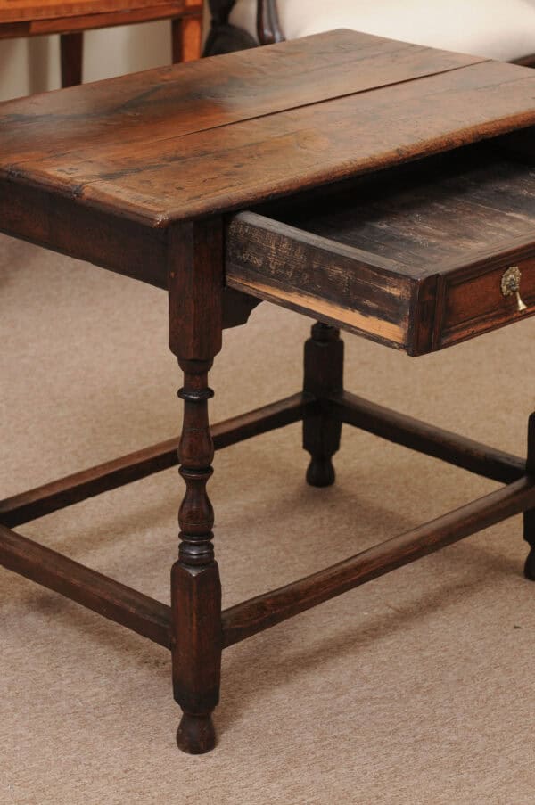 18th Century English Oak Side Table with Drawer, Tear Drop Pulls, Turned Legs and Box Stretcher - Image 5