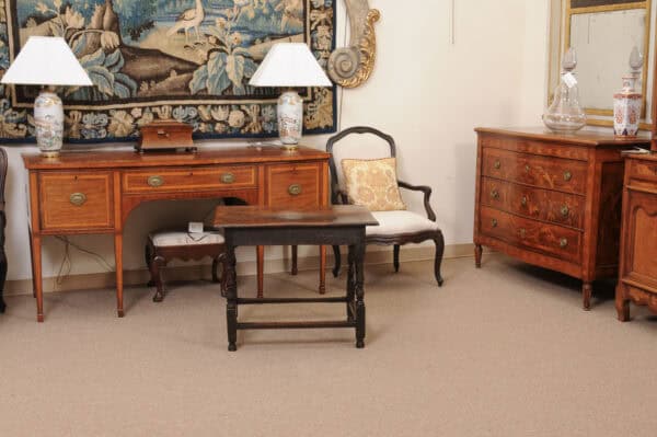 18th Century English Oak Side Table with Drawer, Tear Drop Pulls, Turned Legs and Box Stretcher - Image 9