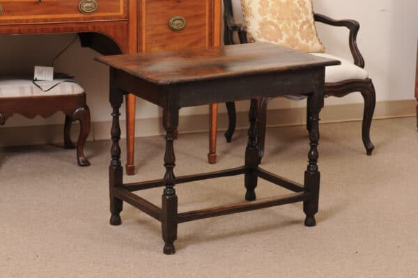 18th Century English Oak Side Table with Drawer, Tear Drop Pulls, Turned Legs and Box Stretcher - Image 10