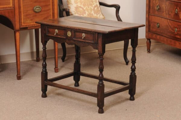 18th Century English Oak Side Table with Drawer, Tear Drop Pulls, Turned Legs and Box Stretcher - Image 12