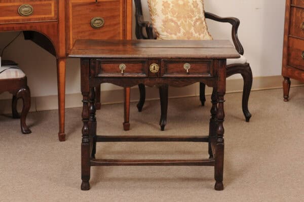 18th Century English Oak Side Table with Drawer, Tear Drop Pulls, Turned Legs and Box Stretcher - Image 13