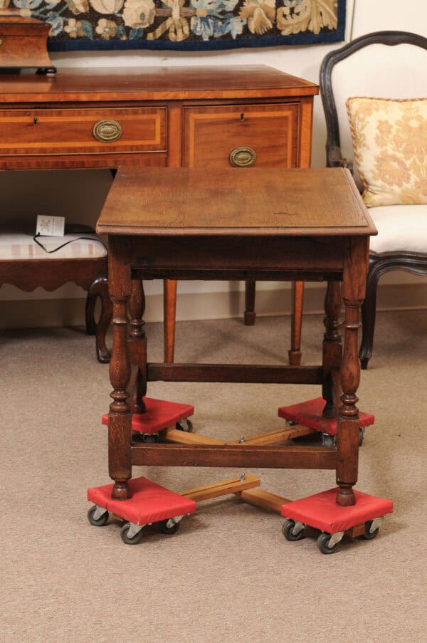 English 18th Century Side Table in Oak with Drawer, Bail Pulls, Turned Legs and Box Stretcher - Image 7