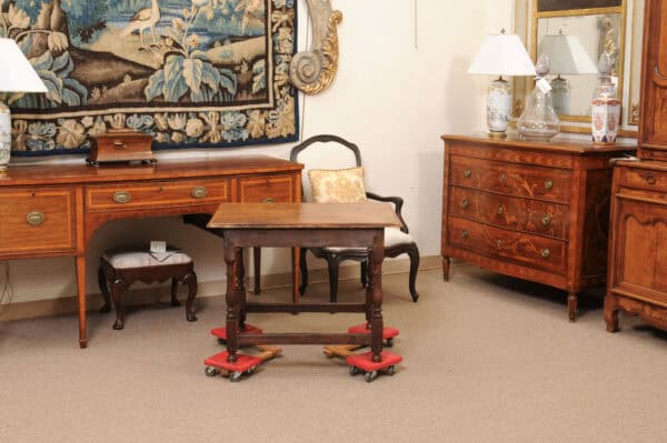 English 18th Century Side Table in Oak with Drawer, Bail Pulls, Turned Legs and Box Stretcher - Image 9