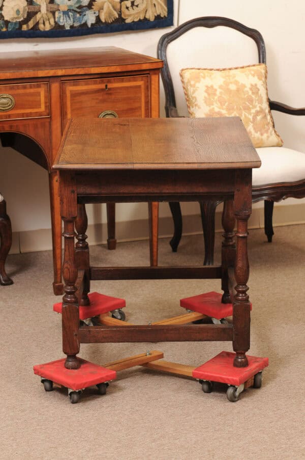 English 18th Century Side Table in Oak with Drawer, Bail Pulls, Turned Legs and Box Stretcher - Image 11