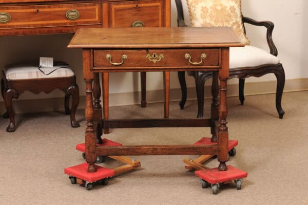 English 18th Century Side Table in Oak with Drawer, Bail Pulls, Turned Legs and Box Stretcher - Image 14