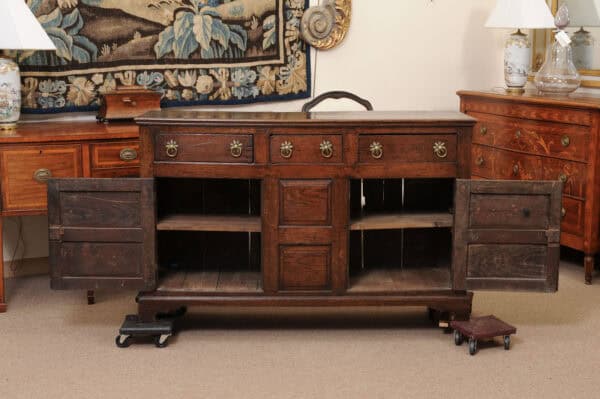 English 18th Century Dresser Base Featuring 3 Drawers with Foliage Brass Pulls and Flanking Cabinets Below - Image 14