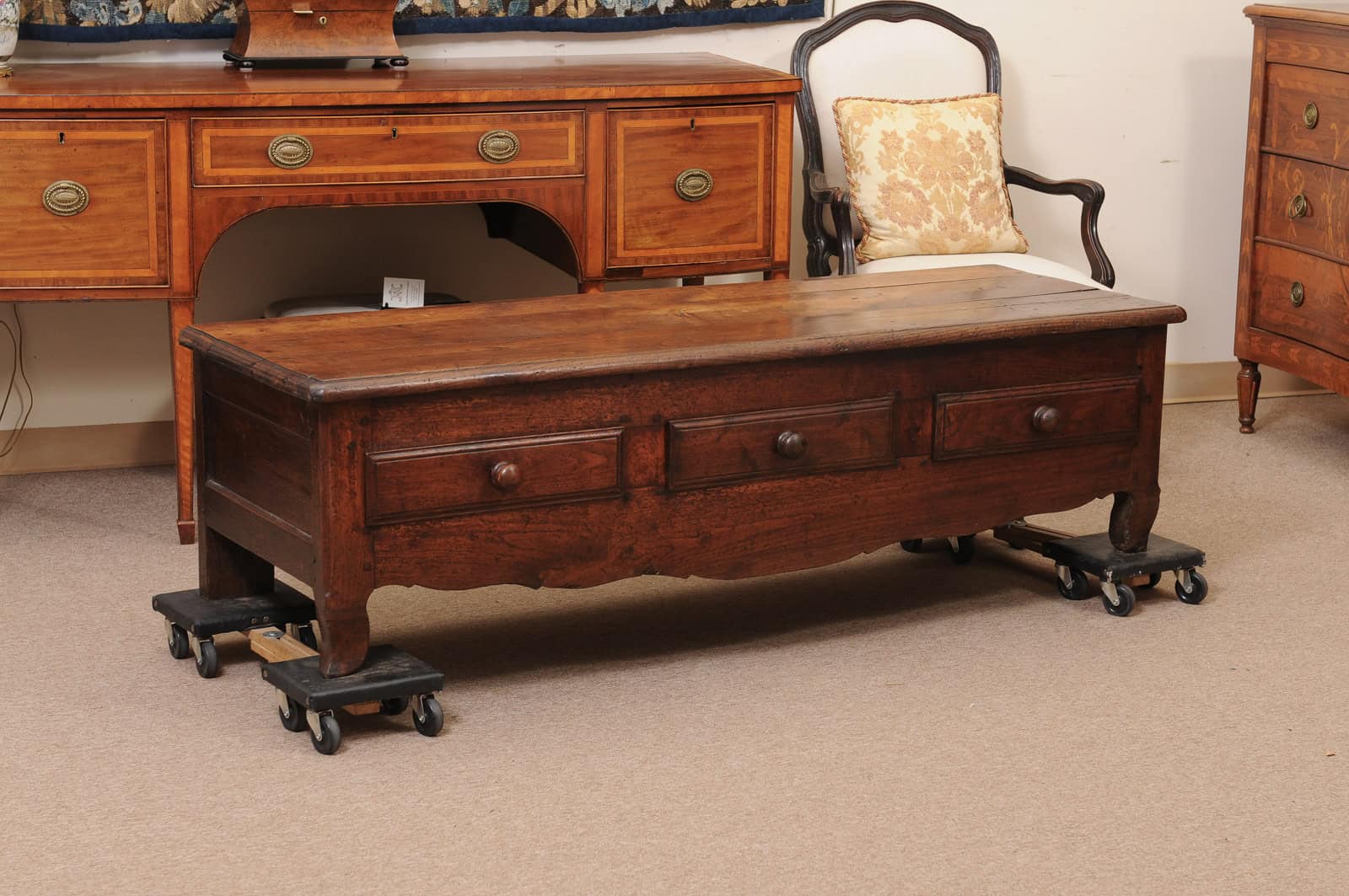 French 19th Century Walnut Bench/ Coffee Table with 3 Drawers - Image 3