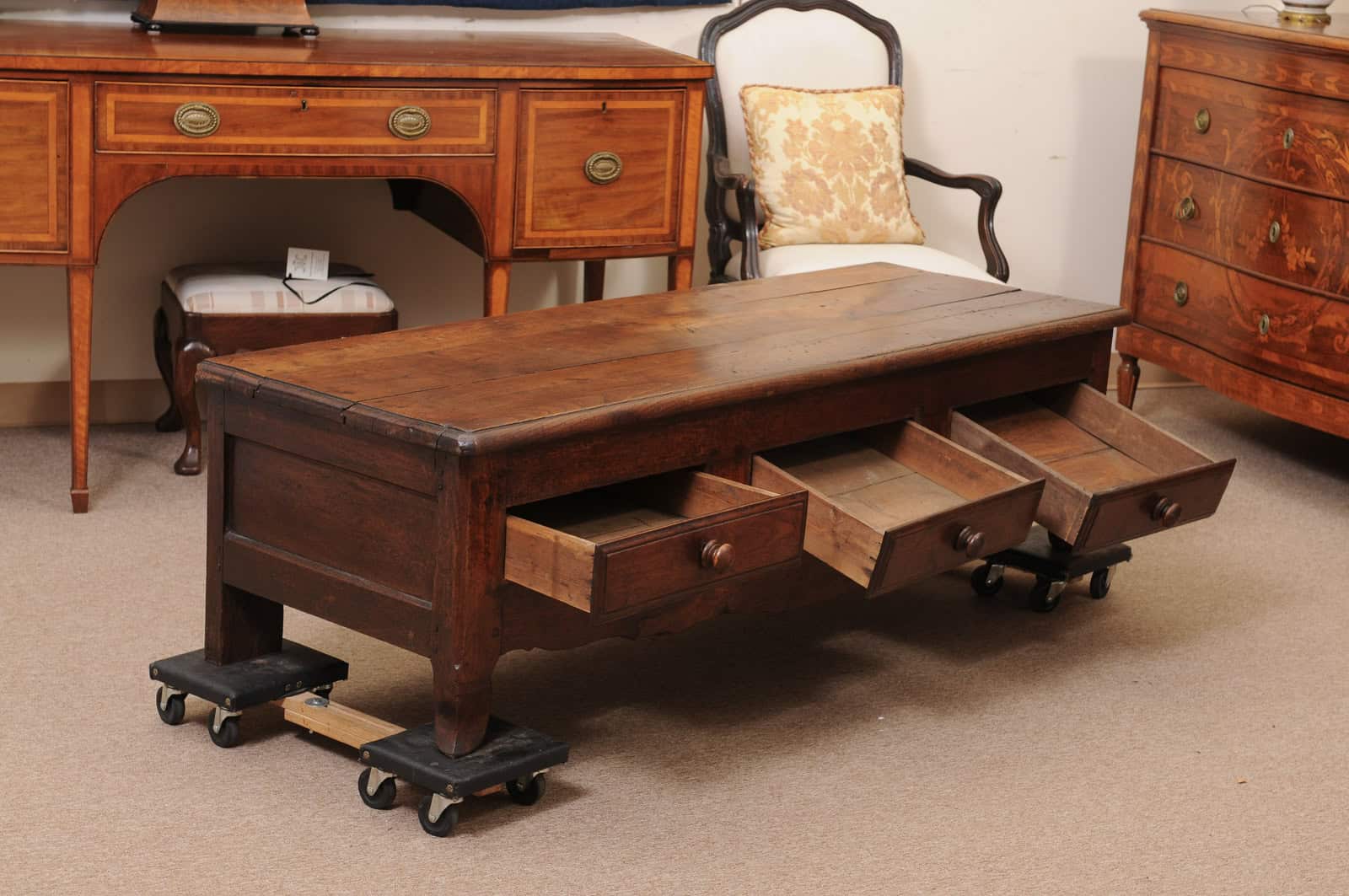 French 19th Century Walnut Bench/ Coffee Table with 3 Drawers - Image 4