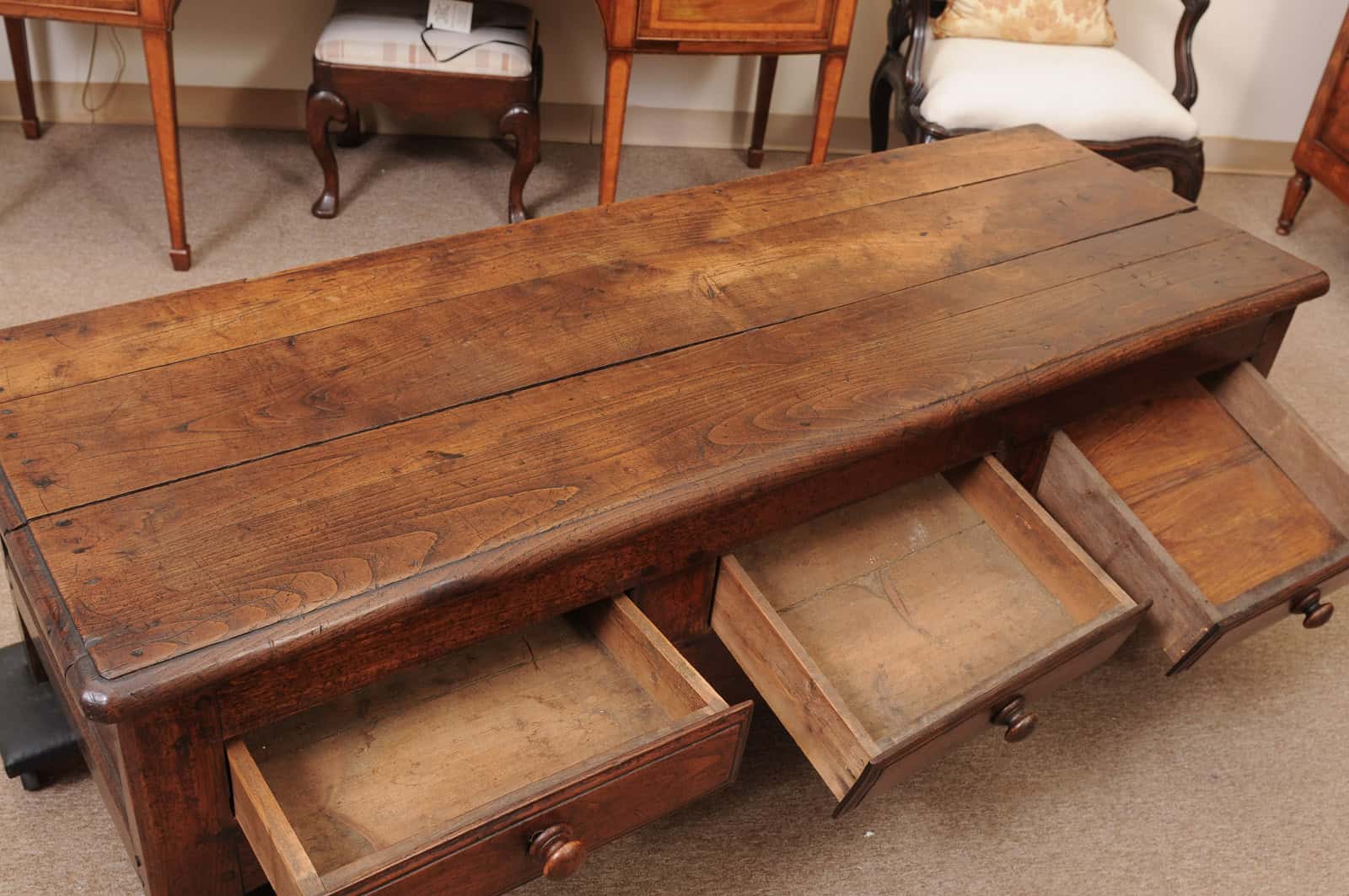 French 19th Century Walnut Bench/ Coffee Table with 3 Drawers - Image 6
