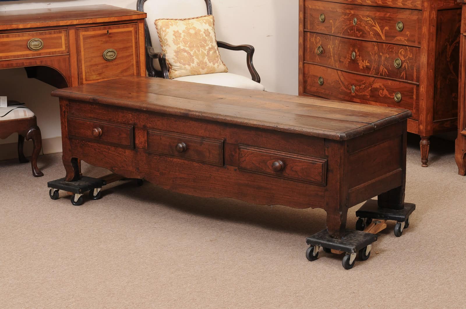 French 19th Century Walnut Bench/ Coffee Table with 3 Drawers - Image 12