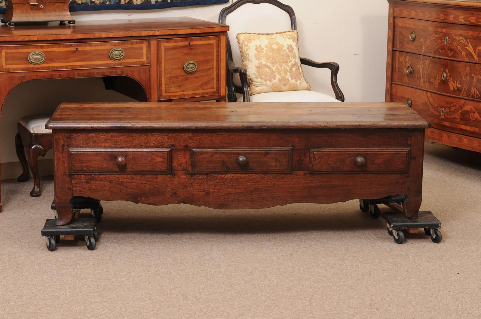 French 19th Century Walnut Bench/ Coffee Table with 3 Drawers - Image 13