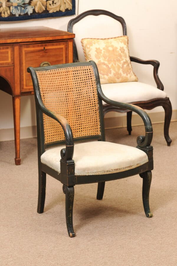 French Early 19th Century Louis Philippe Painted Elm Arm Chair with Caned Back and Scroll Arms. - Image 3