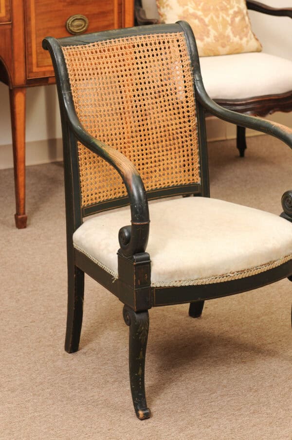 French Early 19th Century Louis Philippe Painted Elm Arm Chair with Caned Back and Scroll Arms. - Image 4