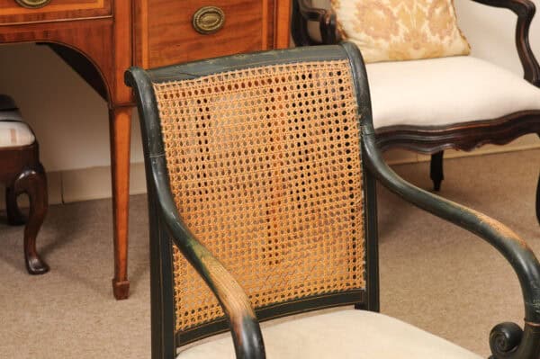 French Early 19th Century Louis Philippe Painted Elm Arm Chair with Caned Back and Scroll Arms. - Image 5