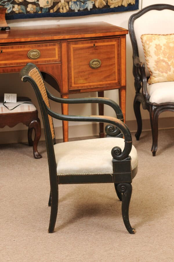 French Early 19th Century Louis Philippe Painted Elm Arm Chair with Caned Back and Scroll Arms. - Image 7