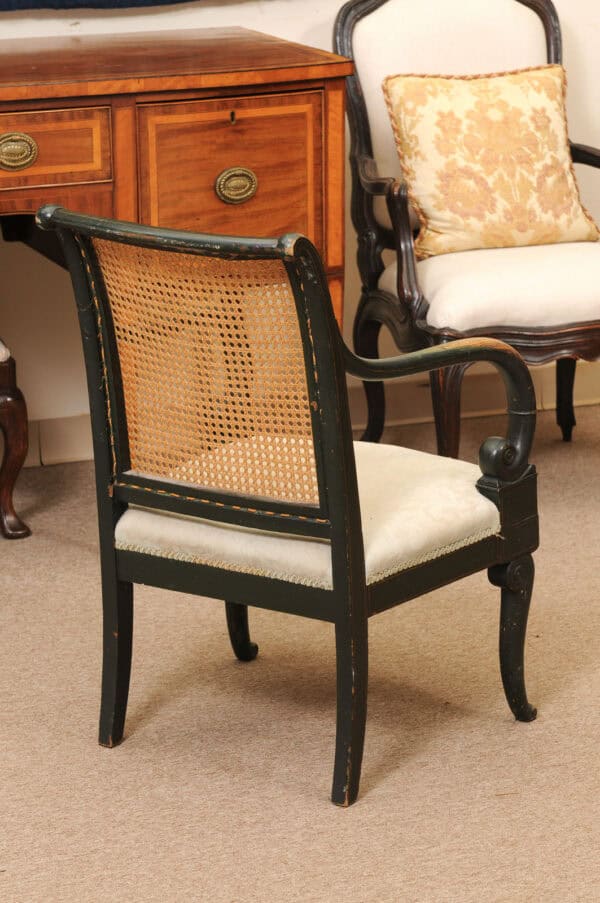 French Early 19th Century Louis Philippe Painted Elm Arm Chair with Caned Back and Scroll Arms. - Image 8
