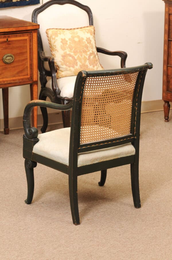 French Early 19th Century Louis Philippe Painted Elm Arm Chair with Caned Back and Scroll Arms. - Image 10