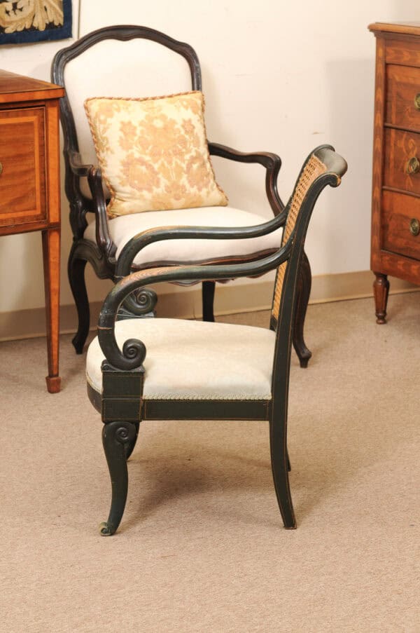 French Early 19th Century Louis Philippe Painted Elm Arm Chair with Caned Back and Scroll Arms. - Image 11