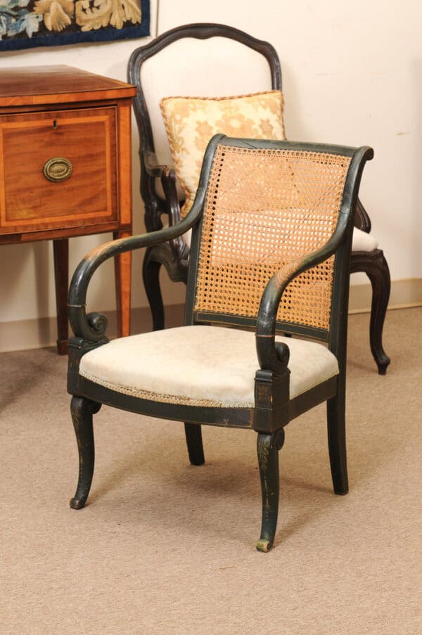 French Early 19th Century Louis Philippe Painted Elm Arm Chair with Caned Back and Scroll Arms. - Image 12