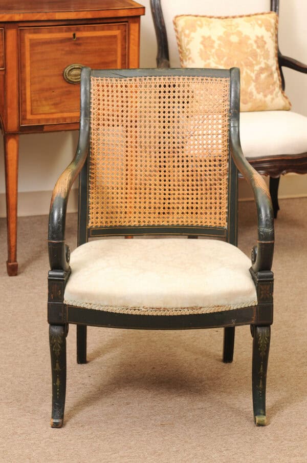 French Early 19th Century Louis Philippe Painted Elm Arm Chair with Caned Back and Scroll Arms. - Image 13