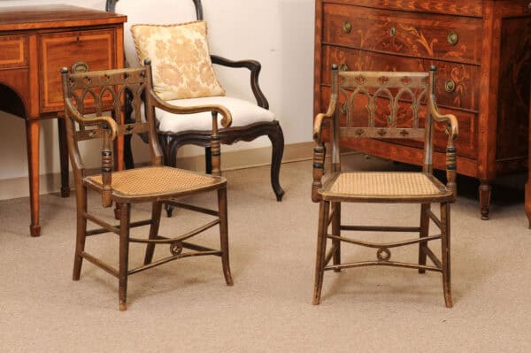 Pair of Painted Gothic Revival Arm Chairs, 19th Century - Image 3
