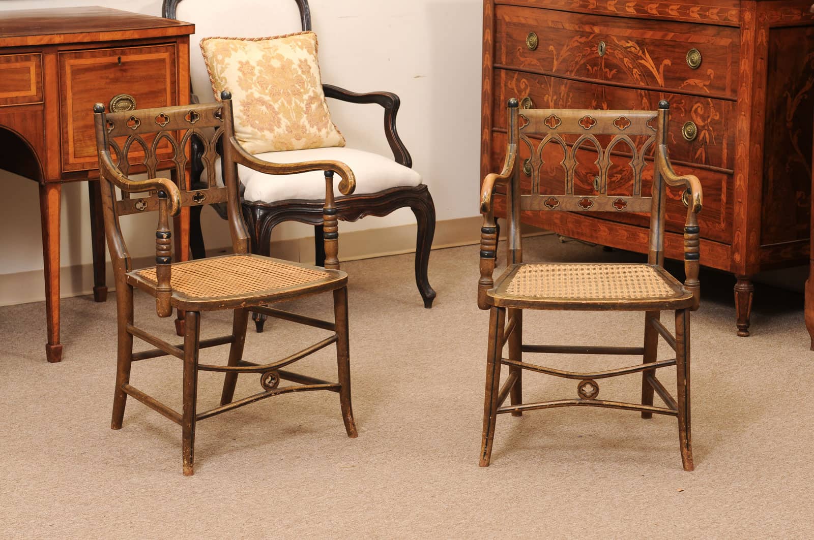 Pair of Painted Gothic Revival Arm Chairs, 19th Century - Image 3