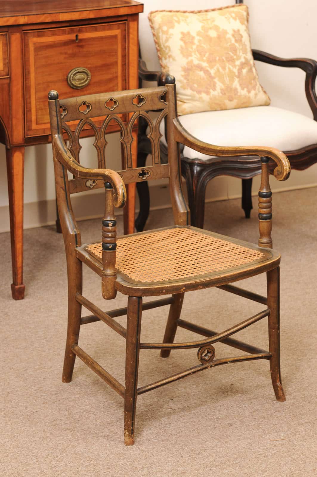Pair of Painted Gothic Revival Arm Chairs, 19th Century - Image 4