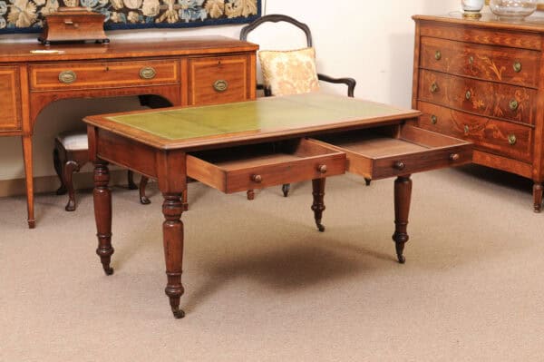 English 19th Century Mahogany Writing Table with Green Leather Top and 2 Drawers and Turned Legs Ending in Brass Caster Feet (Can be raised) - Image 5