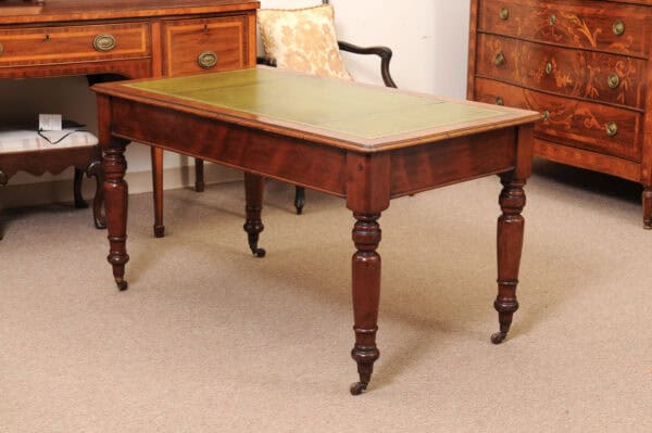 English 19th Century Mahogany Writing Table with Green Leather Top and 2 Drawers and Turned Legs Ending in Brass Caster Feet (Can be raised) - Image 9