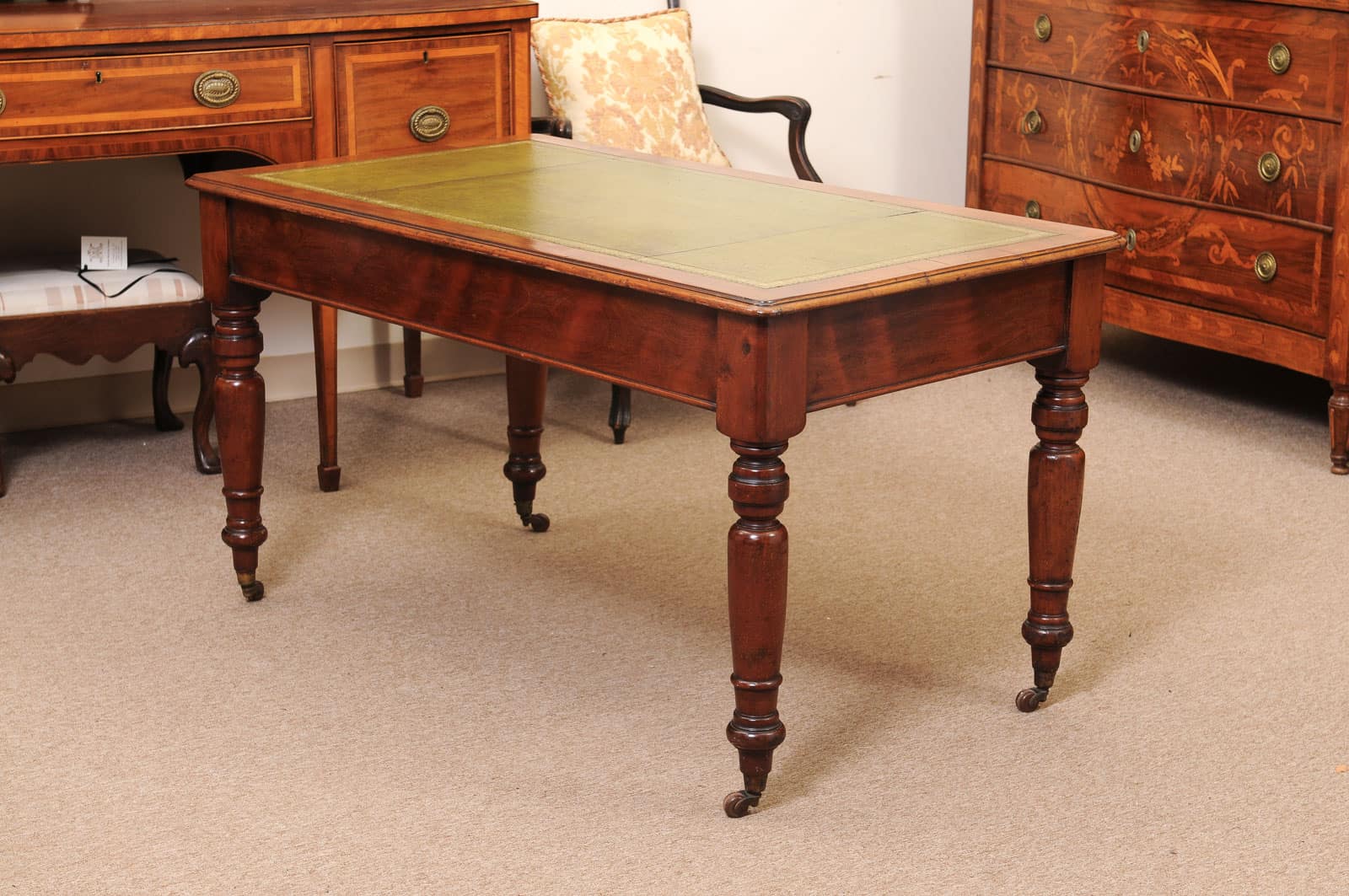 English 19th Century Mahogany Writing Table with Green Leather Top and 2 Drawers and Turned Legs Ending in Brass Caster Feet (Can be raised) - Image 9