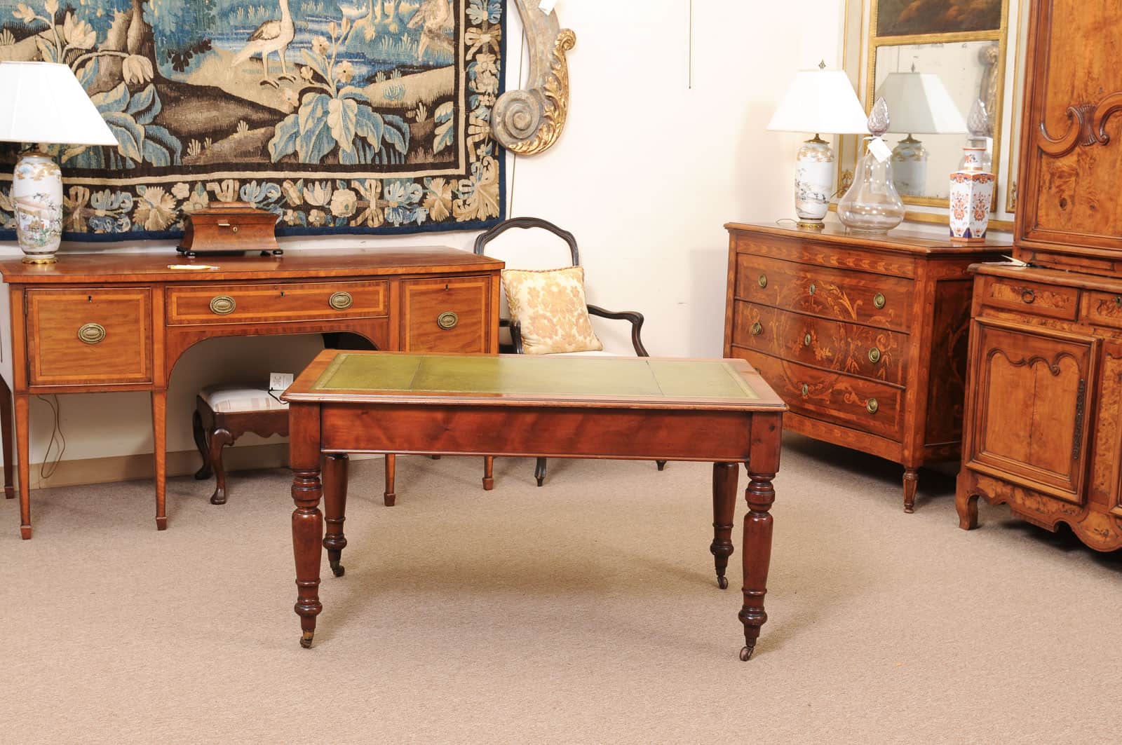 English 19th Century Mahogany Writing Table with Green Leather Top and 2 Drawers and Turned Legs Ending in Brass Caster Feet (Can be raised) - Image 10