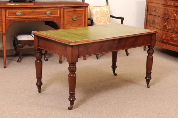 English 19th Century Mahogany Writing Table with Green Leather Top and 2 Drawers and Turned Legs Ending in Brass Caster Feet (Can be raised) - Image 11
