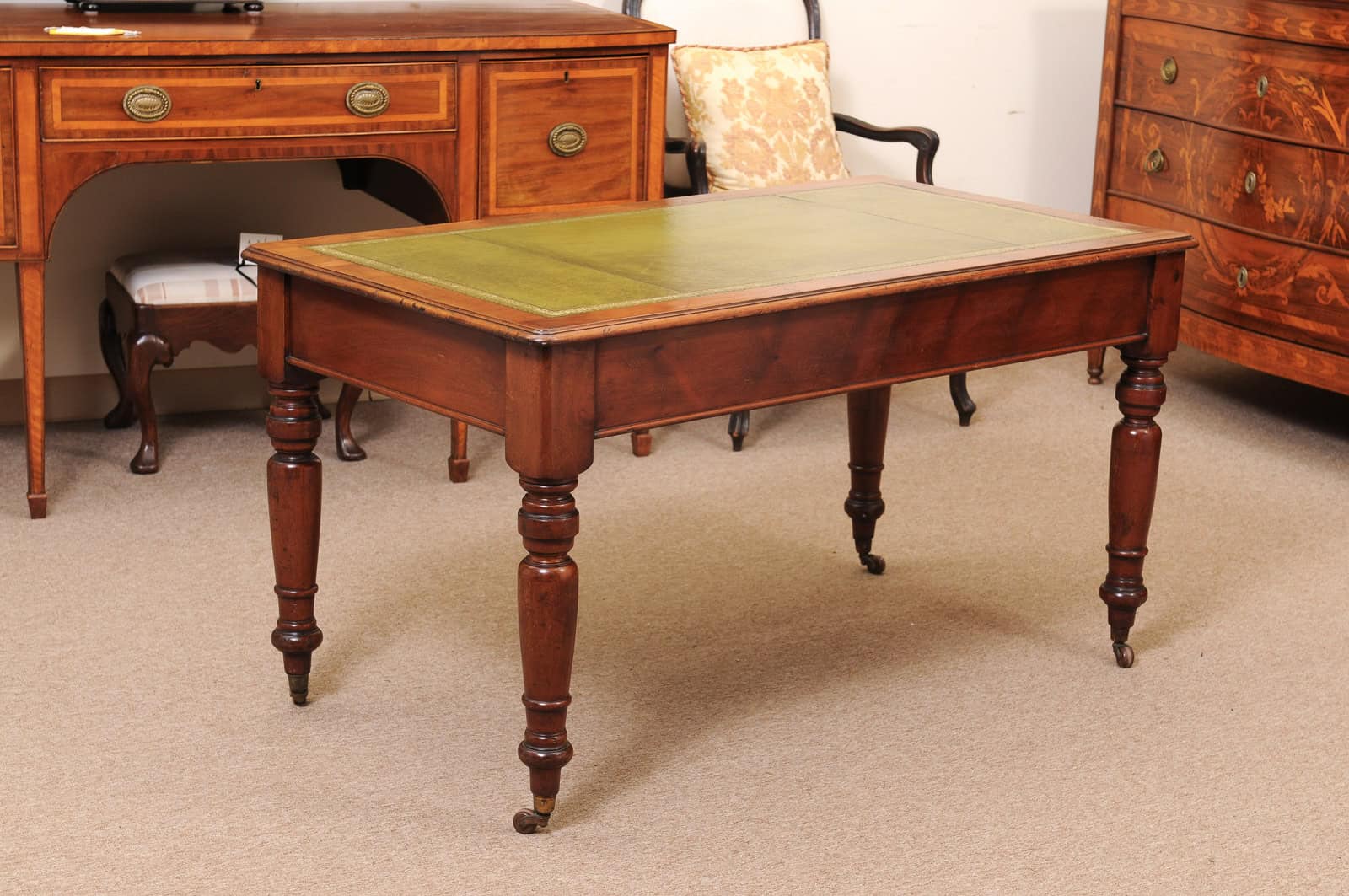English 19th Century Mahogany Writing Table with Green Leather Top and 2 Drawers and Turned Legs Ending in Brass Caster Feet (Can be raised) - Image 11