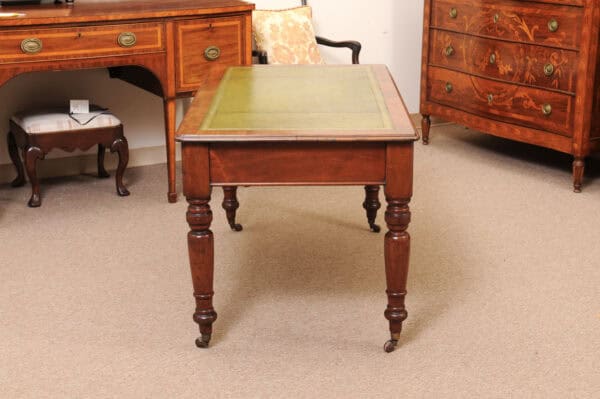 English 19th Century Mahogany Writing Table with Green Leather Top and 2 Drawers and Turned Legs Ending in Brass Caster Feet (Can be raised) - Image 12