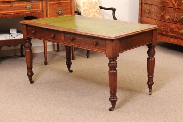 English 19th Century Mahogany Writing Table with Green Leather Top and 2 Drawers and Turned Legs Ending in Brass Caster Feet (Can be raised) - Image 13