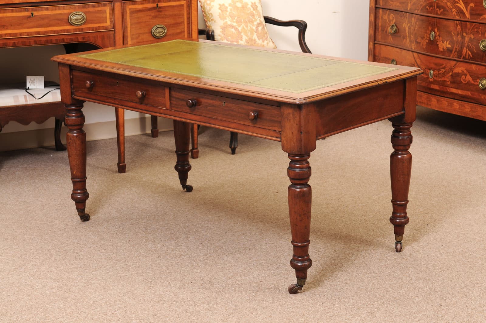 English 19th Century Mahogany Writing Table with Green Leather Top and 2 Drawers and Turned Legs Ending in Brass Caster Feet (Can be raised) - Image 13