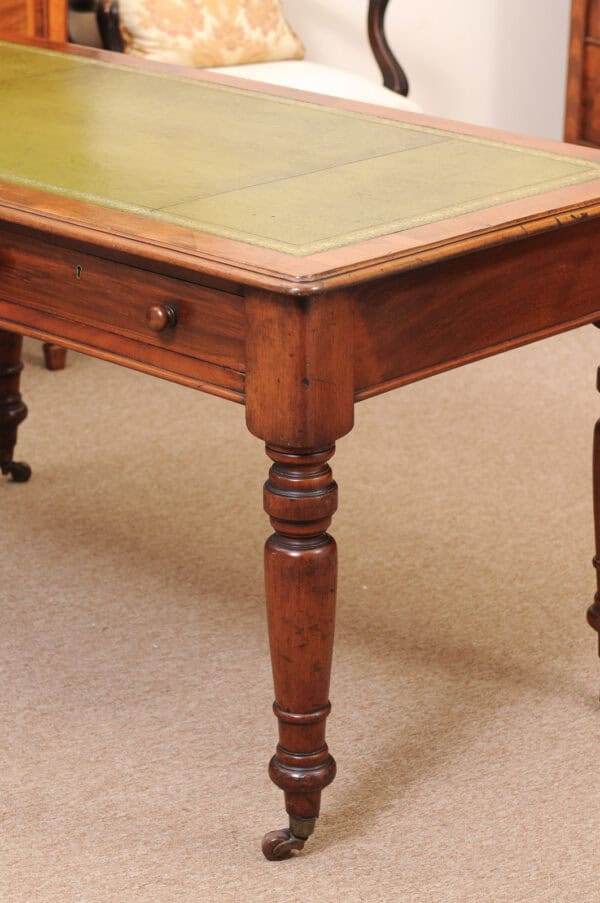 English 19th Century Mahogany Writing Table with Green Leather Top and 2 Drawers and Turned Legs Ending in Brass Caster Feet (Can be raised) - Image 14