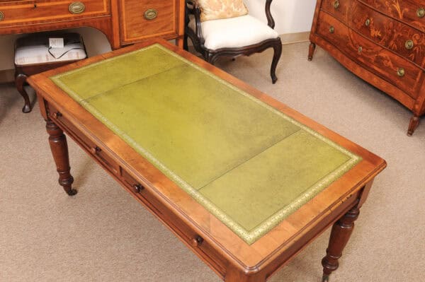 English 19th Century Mahogany Writing Table with Green Leather Top and 2 Drawers and Turned Legs Ending in Brass Caster Feet (Can be raised) - Image 15
