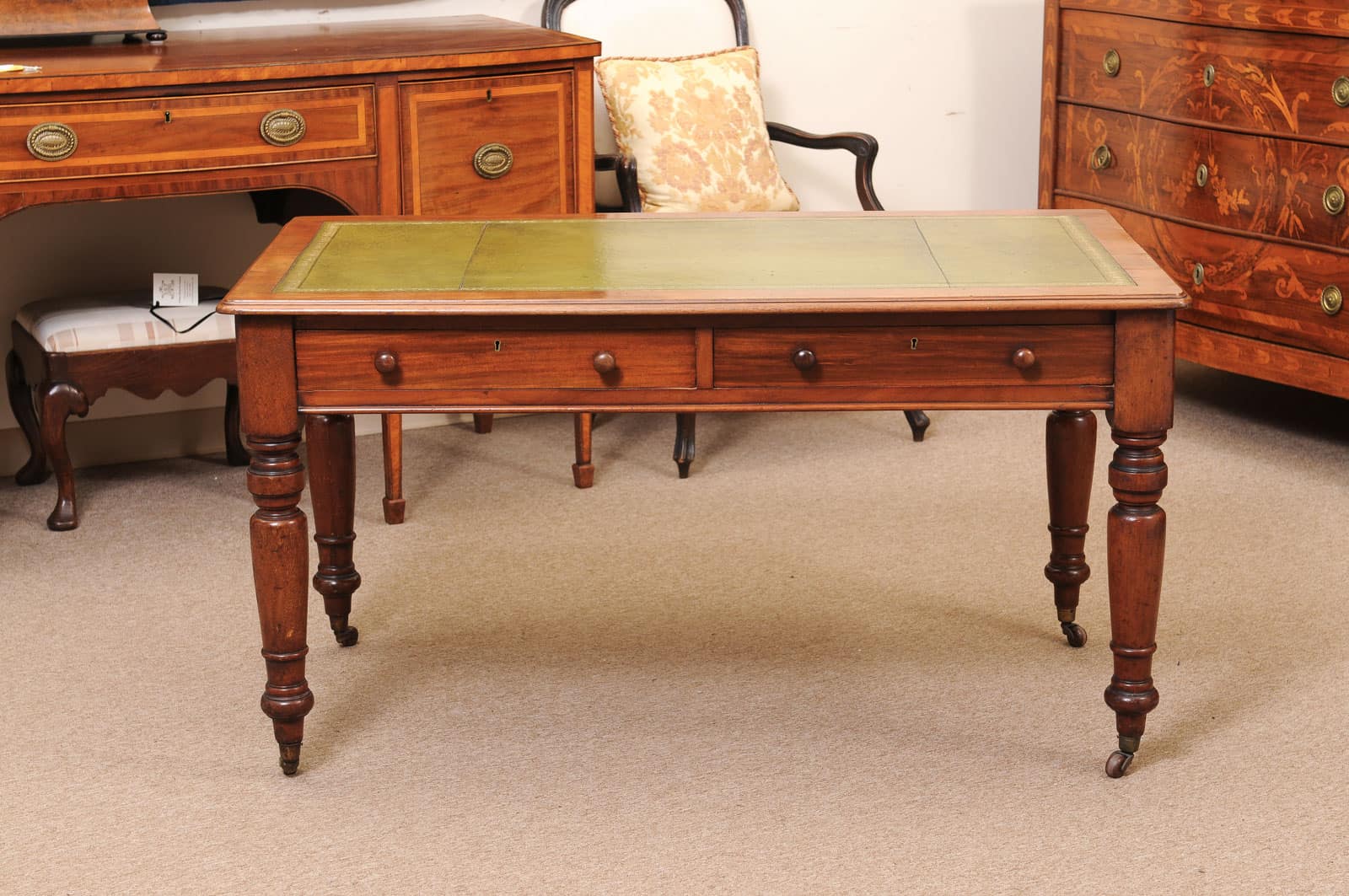English 19th Century Mahogany Writing Table with Green Leather Top and 2 Drawers and Turned Legs Ending in Brass Caster Feet (Can be raised) - Image 16