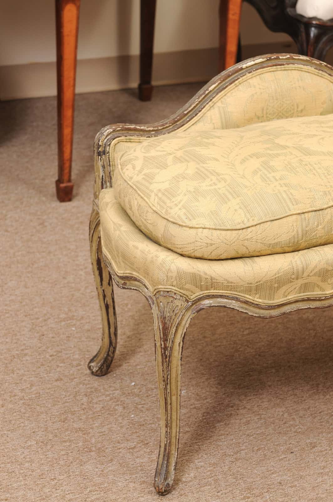 18th Century French Louis XV Green Painted Bench with Cushion & Back Support - Image 4